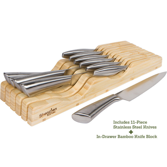 Knife Set - 11pc Stainless Steel Knife Set With In-Drawer Bamboo Knife Block
