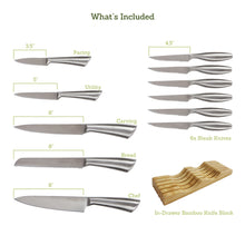 Knife Set - 11pc Stainless Steel Knife Set With In-Drawer Bamboo Knife Block